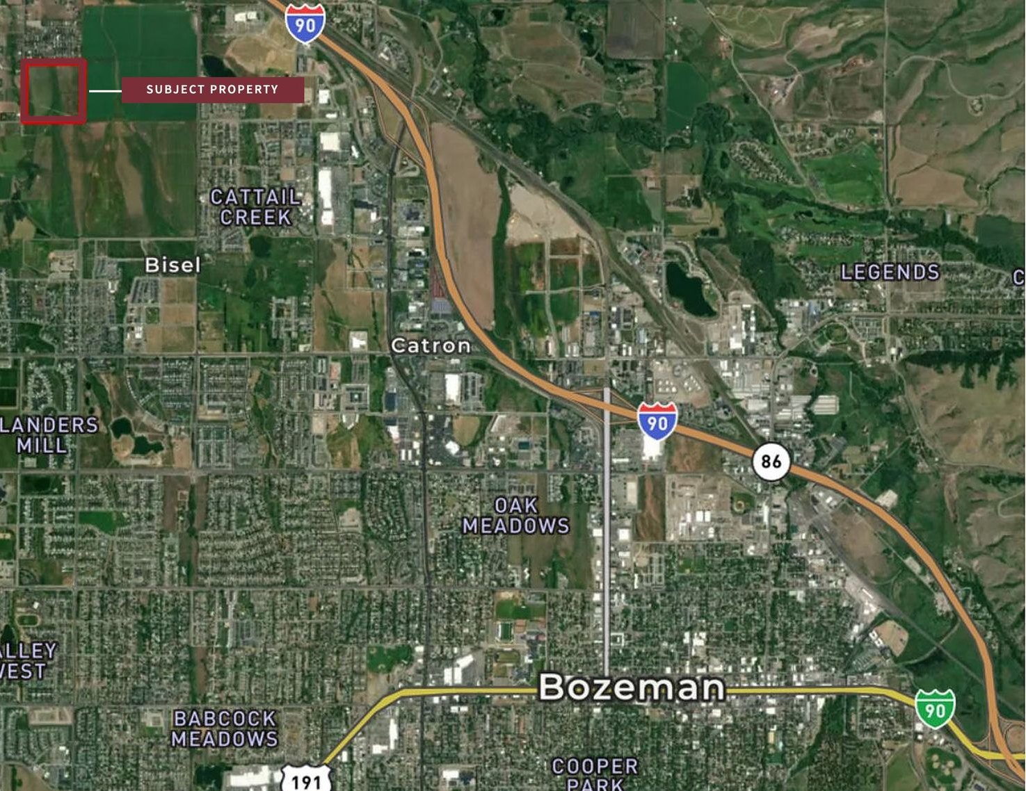 Satellite map of northwest Bozeman along the I-90 corridor with the property marked.